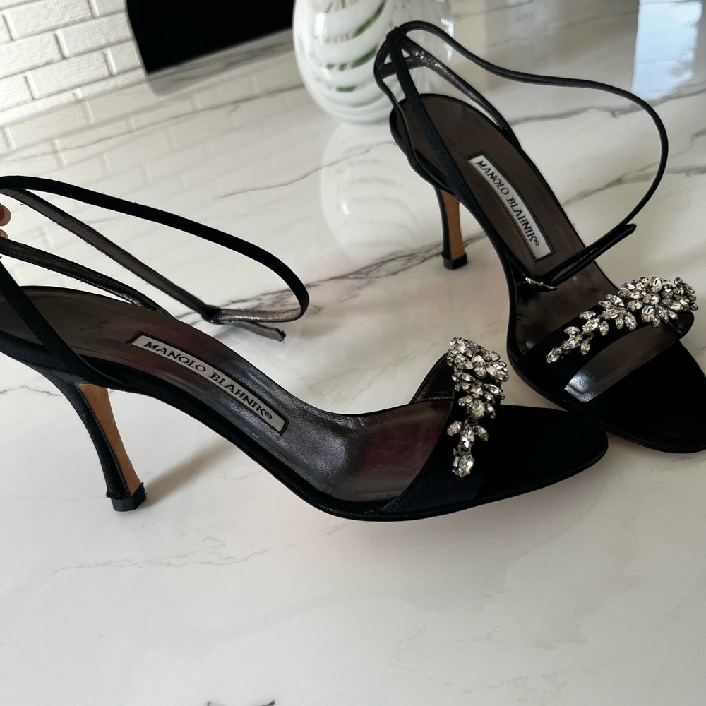 Manolo Blahnik Black Crystal-Embellished Strappy Slingback Heels - Picture 4 of 7